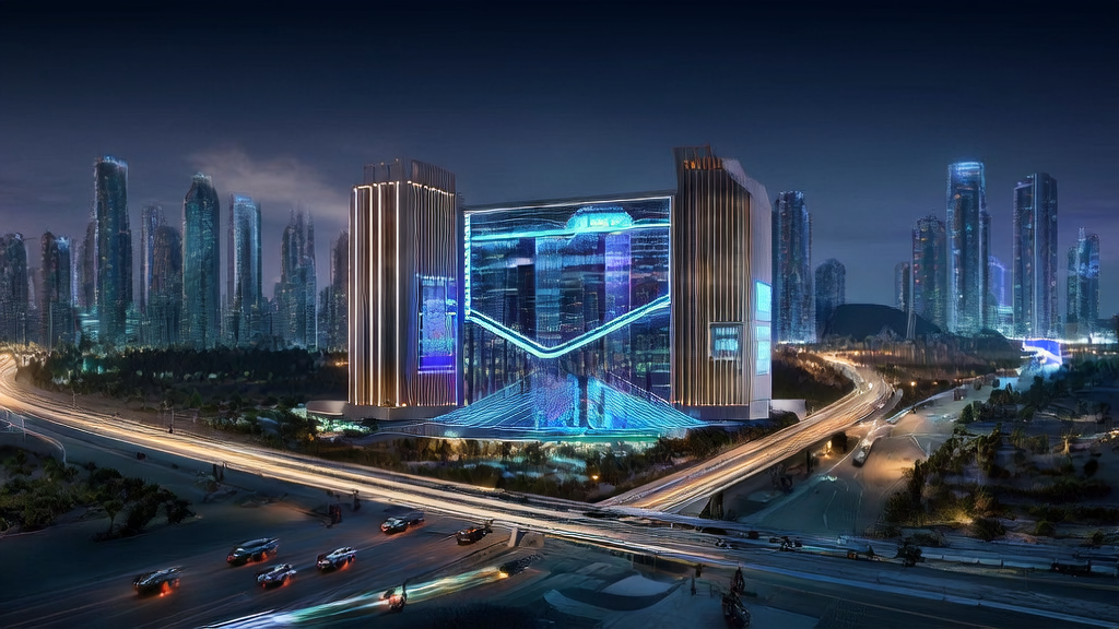 2025年中东跨境电商利用AI技术突破获客瓶颈，实现高效增长的未来城市夜景图