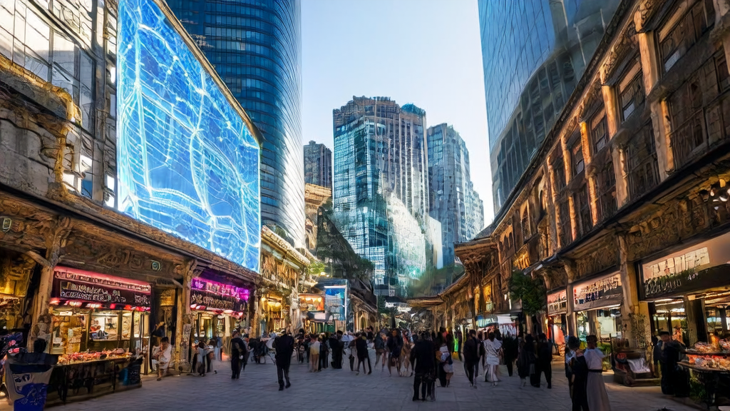 Digital screen showcasing AI customer acquisition technologies in a Middle Eastern city street