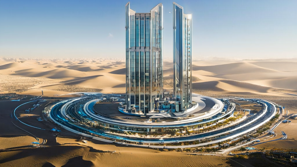 A modern city in the Middle East leveraging AI technology for efficient cross-border e-commerce customer acquisition