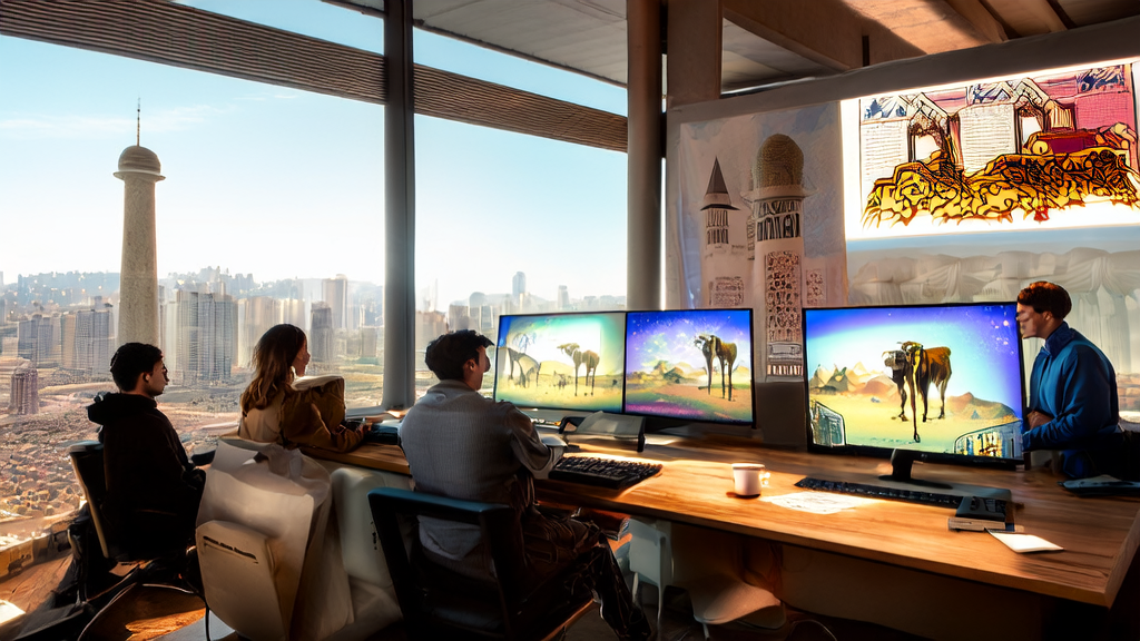 A team in a Middle Eastern office is discussing new marketing strategies using AI-generated comic content that reflects local culture.