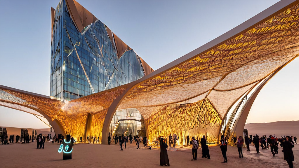 Scene of a modern Middle Eastern city where businesses utilize multimodal AI technology for efficient customer acquisition