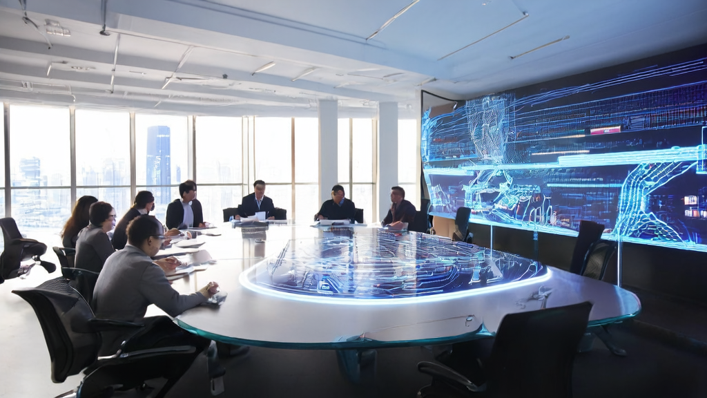 A team in a modern Middle Eastern office discussing how to achieve efficient customer acquisition in cross-border e-commerce using AI technology