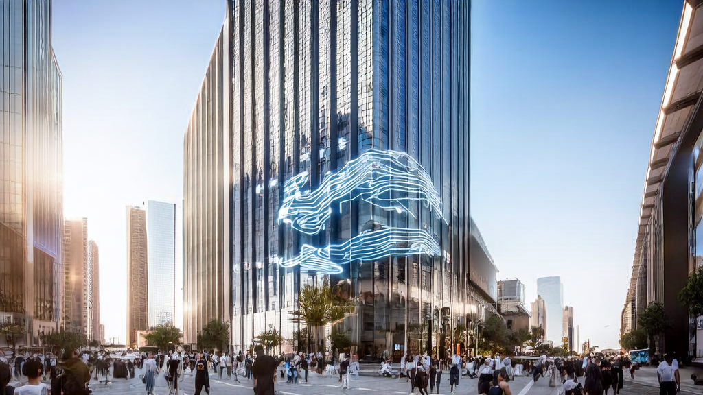 中东地区的企业利用AI技术进行国际市场开拓，展示现代办公大楼和街头场景