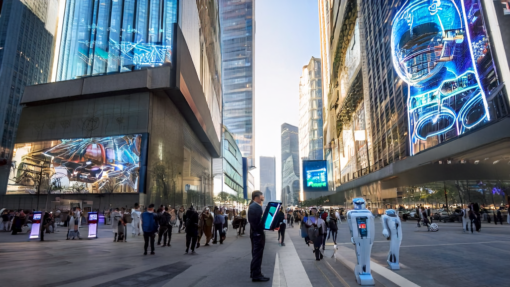 A bustling Middle Eastern city street where an entrepreneur uses AI models and a smart robot for customer acquisition