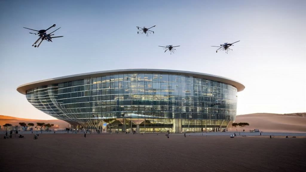 Modern office scene of Middle East enterprises leveraging AI technology for efficient customer acquisition and digital transformation