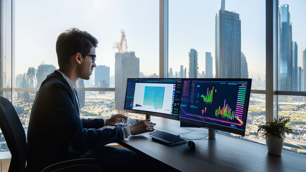 中东现代化办公室内的创业者使用谷歌Workspace Studio创建AI代理，背景是繁忙的城市天际线。