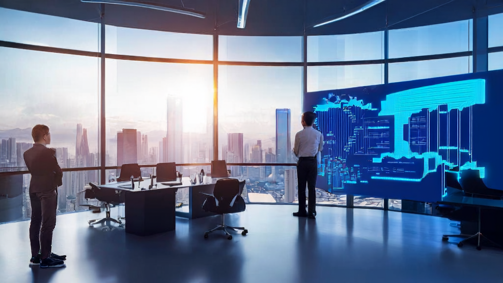 充满科技感的现代化独立站办公室，创业者们在讨论AI获客策略