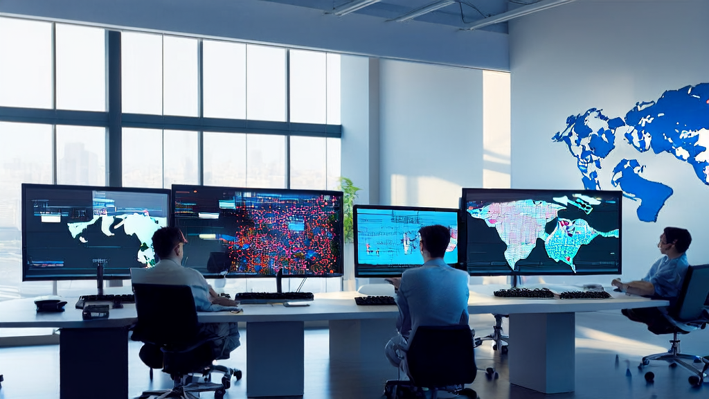 现代化跨境电商公司办公室，员工们正在使用AI技术优化广告投放和客户获取策略