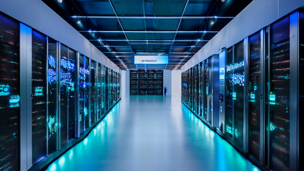 现代化数据中心内部,展示英伟达与德国电信合作的AI客户预测模型