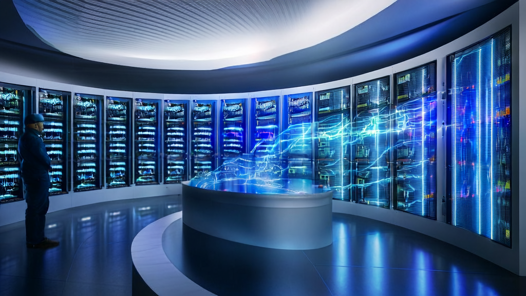 A technician in a modern data center using AI-based customer data cleaning services, with NVIDIA AI chips and CoreWeave logo in the background.