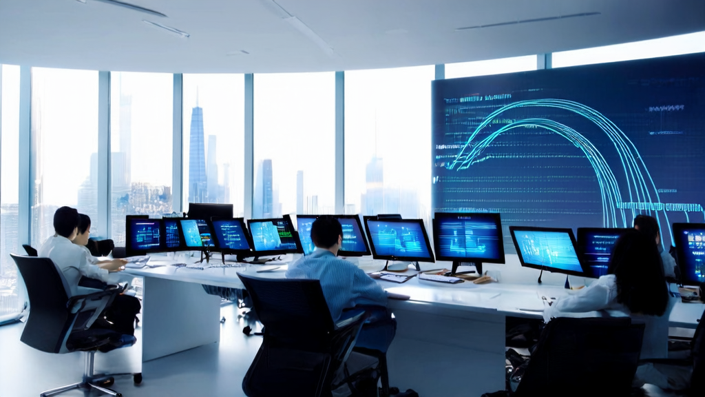 A modern e-commerce office where programmers are utilizing AI acquisition technology for data analysis and optimizing sales strategies.