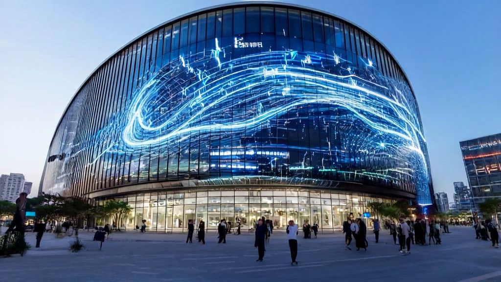 现代化电商办公楼前的大屏幕展示AI智能获客系统的运作过程，团队讨论GPT-5 Thinking调整功能