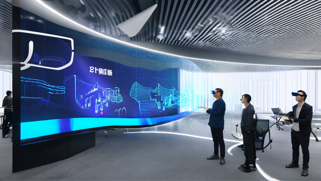 现代化电商办公室内,员工使用智能设备与虚拟助手互动,大屏幕上显示AI分析数据,背景有通义DeepResearch标志。