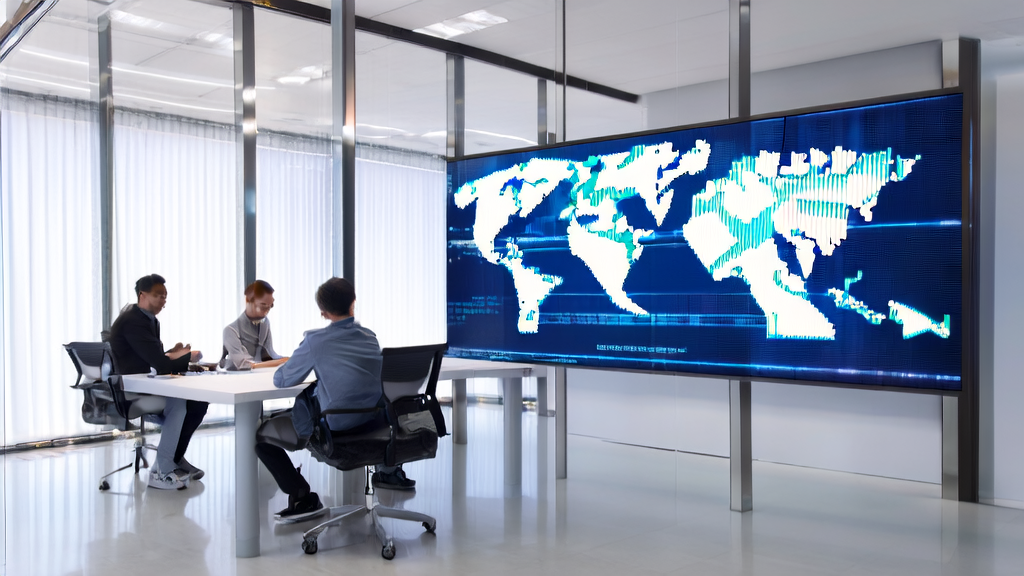 In a modern eCommerce office, team members discuss optimizing customer acquisition strategies using AI technology, with a global market layout on the background wall.