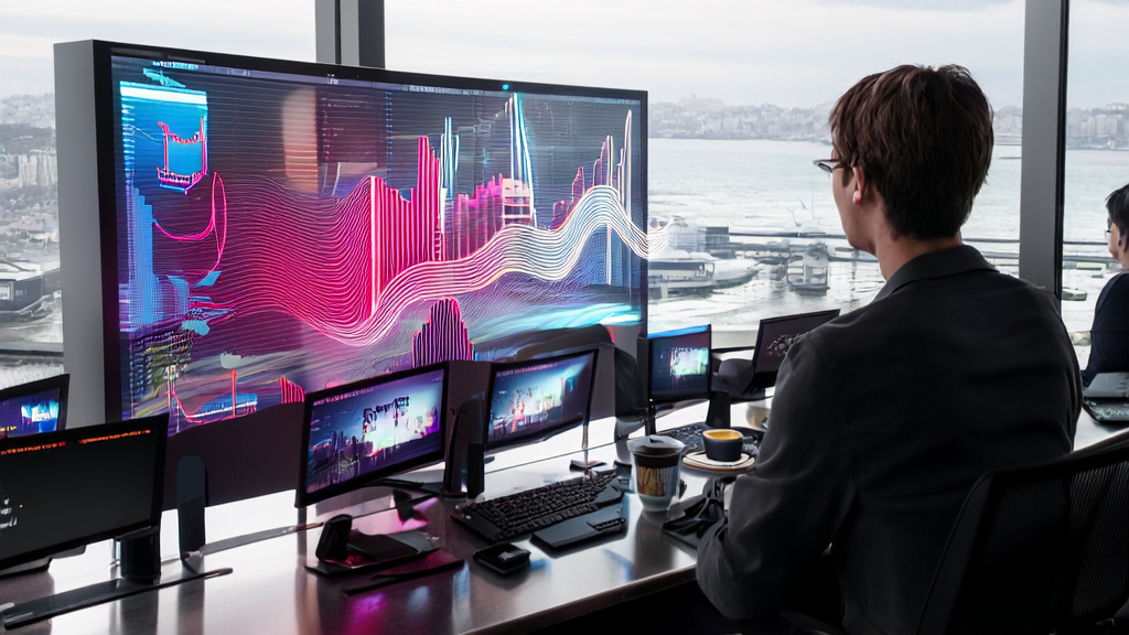 A modern e-commerce office where an entrepreneur uses Seedream4.0 to generate product promotional images, showcasing the application of AI customer acquisition technology.