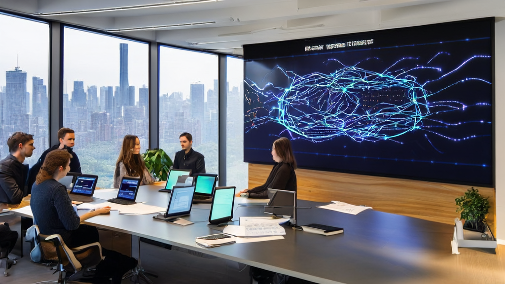 A modern e-commerce office team using Youtu-GraphRAG framework for data analysis and marketing strategy discussion