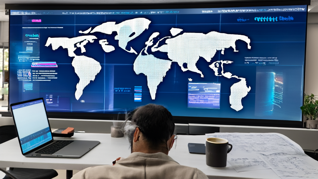 现代化外贸企业办公室内工作人员使用AI获客系统进行精准市场定位和客户数据分析