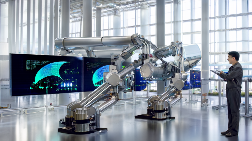 现代化工厂车间中，工程师利用AI技术分析海关数据，挖掘潜在客户。