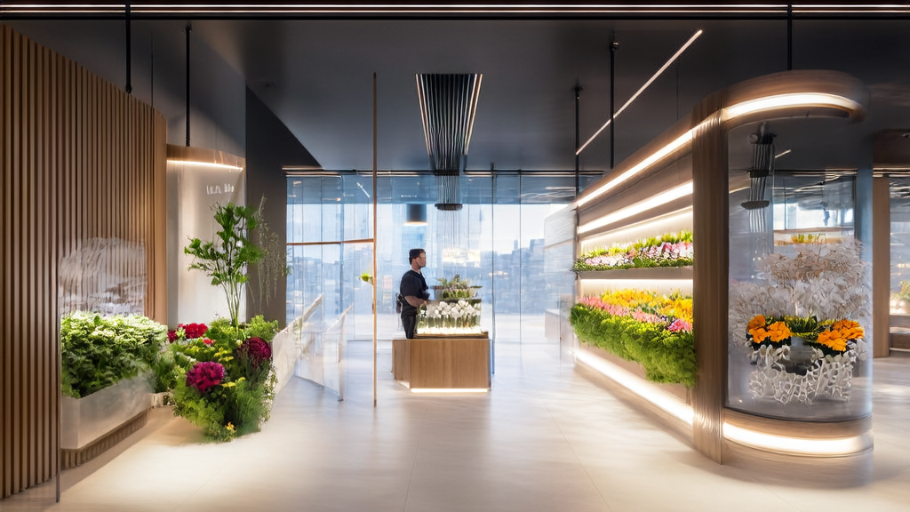 A modern flower shop in a futuristic tech city where staff use Mistral AI's Le Chat tool to interact with customers