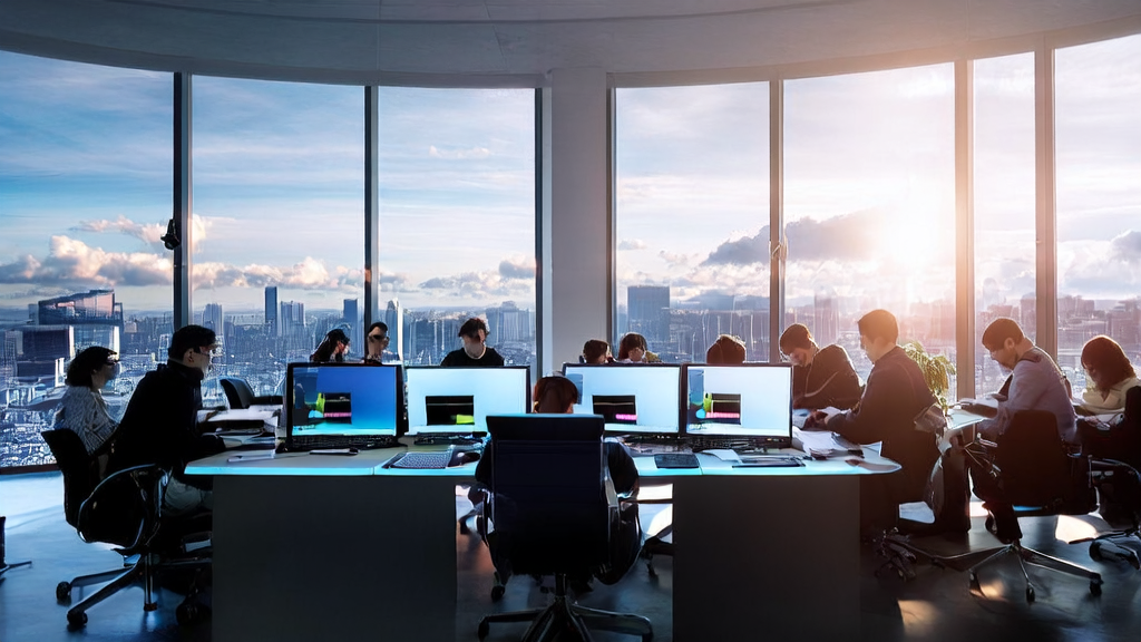 Modern foreign trade office with employees working on computers, showcasing product images generated by FLUX.1Kontext