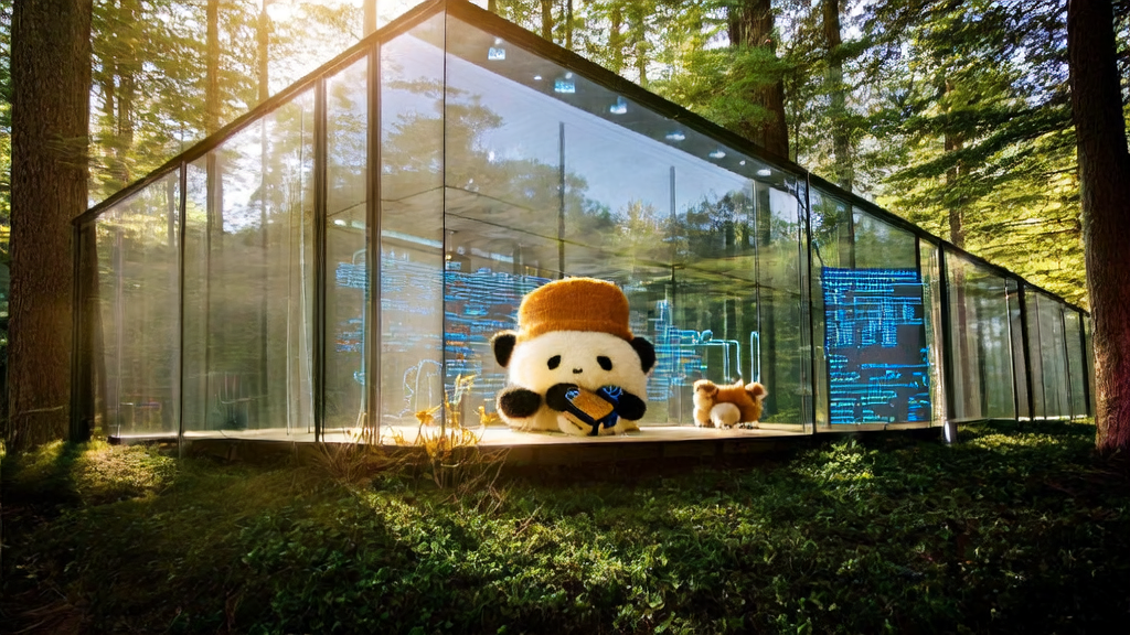 Data analyst interacting with AI assistant inside a modern glass house, with a felt panda outside