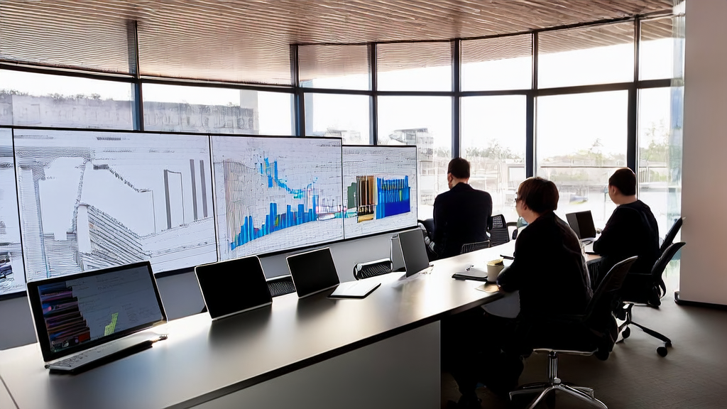 现代化的独立站办公室内，员工们正在热烈讨论AI关键词优化方案，屏幕上的数据图表和运行中的服务器展示了他们对技术的专注与投入。