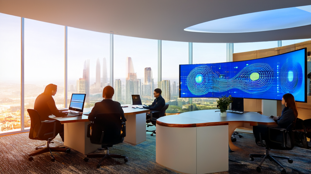 现代化独立站办公室内，员工们使用诺顿 Neo 浏览器进行AI关键词优化工作，阳光透过大窗户洒进室内。