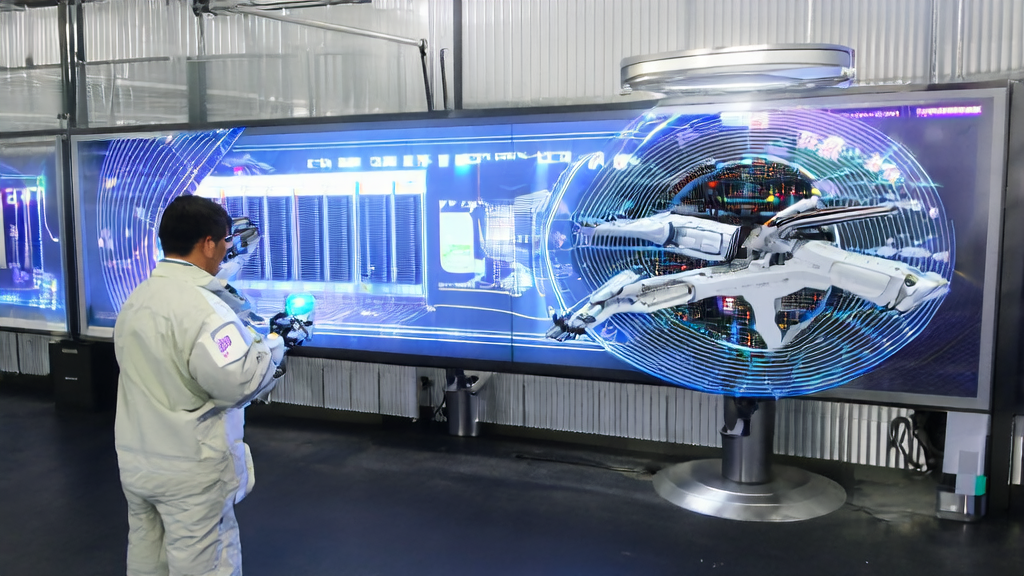 Display of AI customer prediction model in a modern manufacturing factory, with busy operators and the presentation of the humanoid robot “Bumi“ in the background