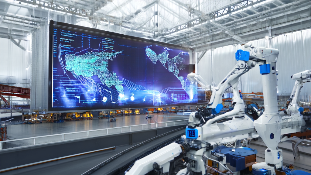 In a modern manufacturing plant, AI robots are efficiently processing customs data to accurately identify potential customers.