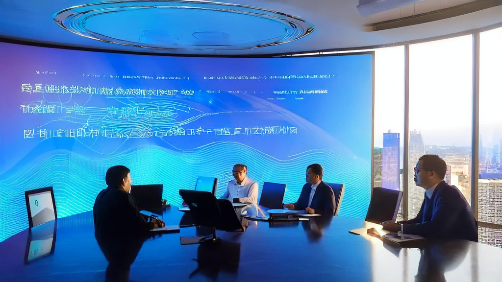 In a modern meeting room, corporate executives are discussing the application of AI customer prediction models, with a poster of 360's "Large Model Security White Paper" on the background wall.