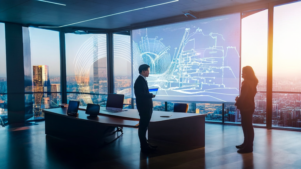 现代化会议室中的团队正在讨论如何使用AI客户预测模型优化营销策略