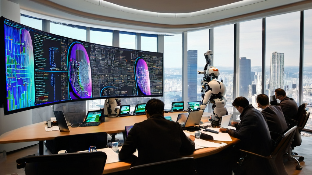 现代化办公室中程序员们正在讨论AI获客策略，背景是城市天际线