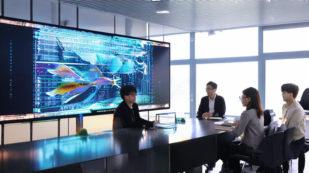 现代化办公室中的创业者们正使用AI邮件模板进行精准营销，背景墙上的数据流艺术画象征着AI技术的广泛应用。