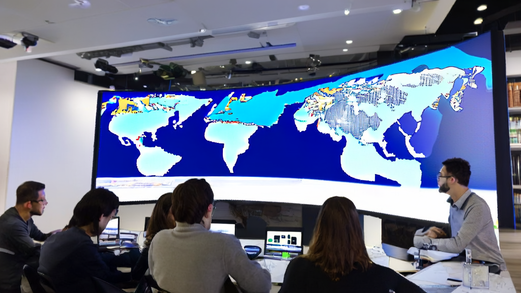 Employees in a modern office watching a Google DeepMind Genie3 demo, with a world map on the background wall and an AI robot in the corner.