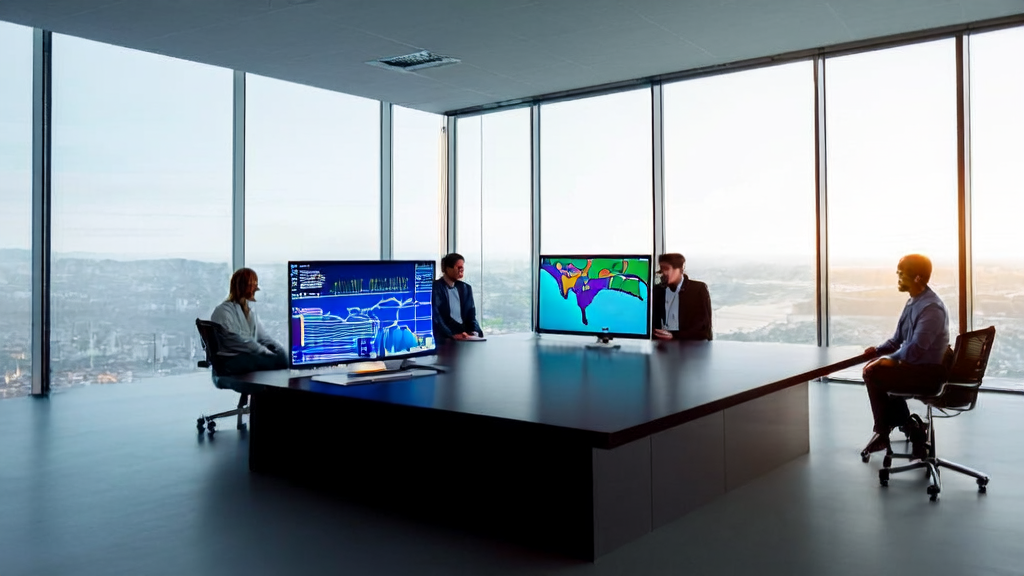 Employees in a modern office discussing how to improve customer acquisition using AI technology