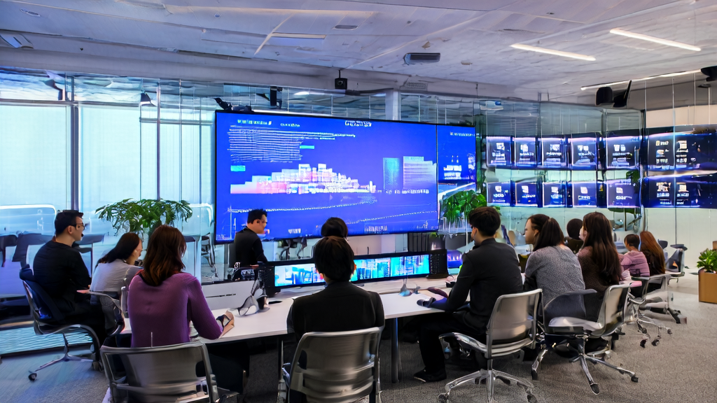 Team in a modern office discussing AI acquisition strategies using Hailuo Video Agent for video creation