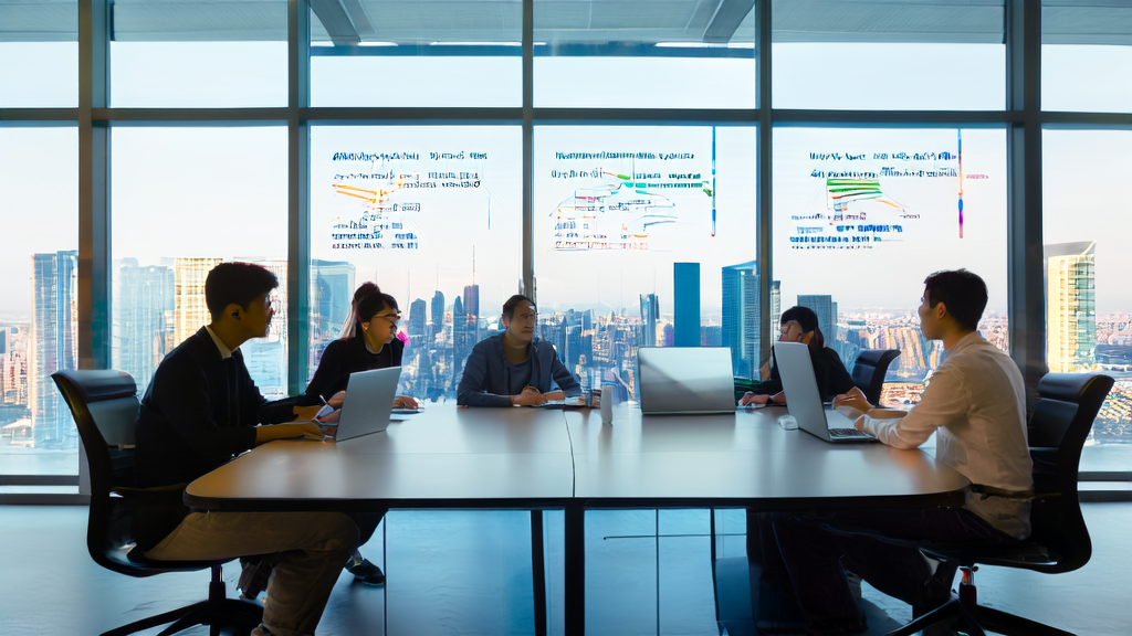 In a modern office, entrepreneurs are discussing AI-driven customer acquisition solutions and the applications of the “Zi Yue 3“ model.