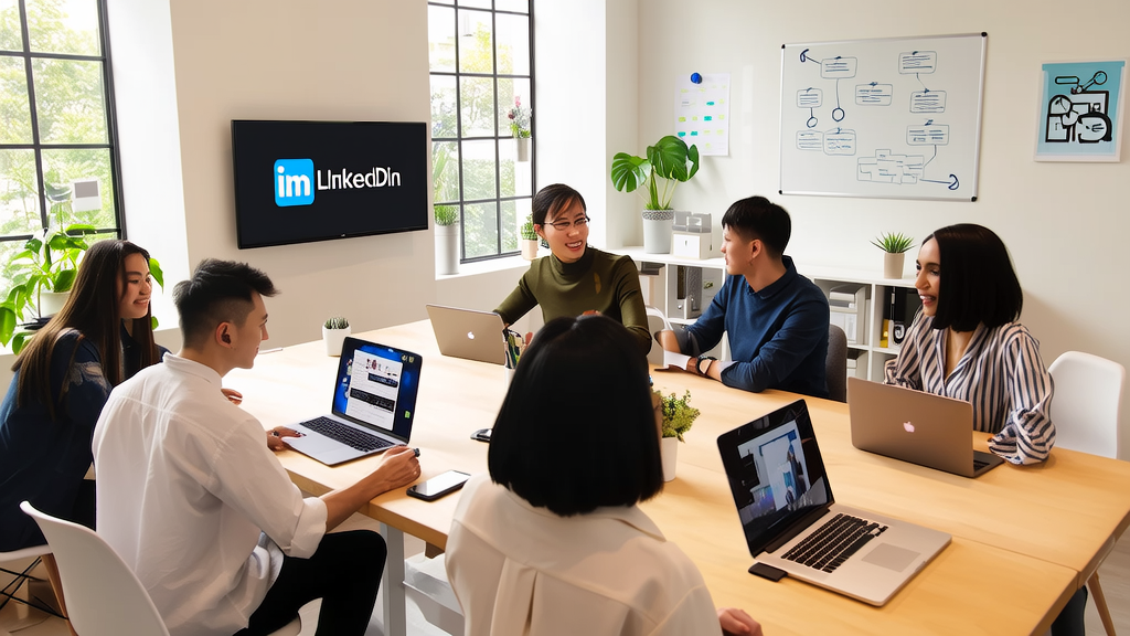 现代办公室内，团队使用AI工具通过LinkedIn获取客户并进行自动化营销