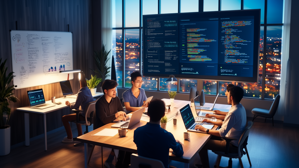 Young entrepreneurs discussing AI acquisition strategies in a modern office
