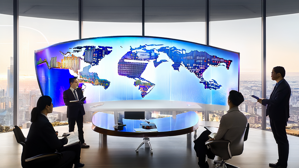 Team discussing AI acquisition strategies in a modern office with cityscape and world map background