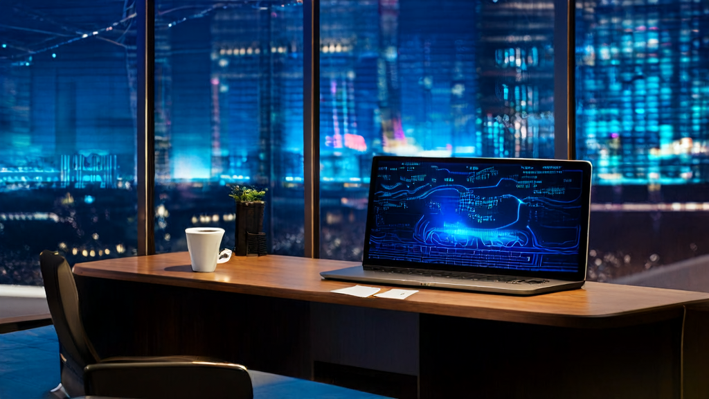 Modern office showcasing AI acquisition strategy and news report on AI cheating scandal in Korean universities