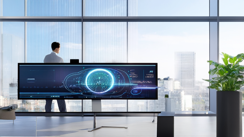 Scene of a modern office using an AI acquisition system, featuring a digital drawing board for real-time image generation and a city skyline