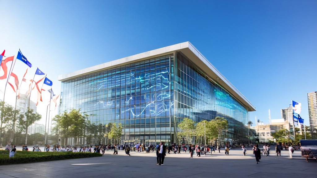 A modern office building under the sun, showcasing the efficient operation of an AI intelligent acquisition system, with international cooperation symbols and the OpenAI Academy logo outside.