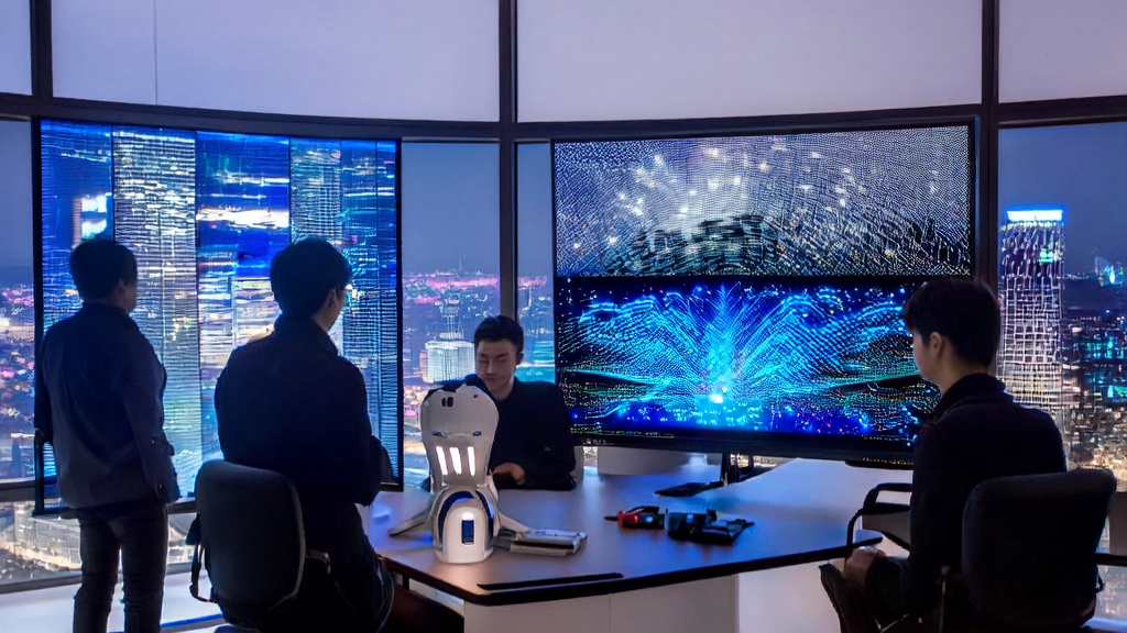 Young entrepreneurs in a modern office using an AI acquisition system for data analysis and strategy development