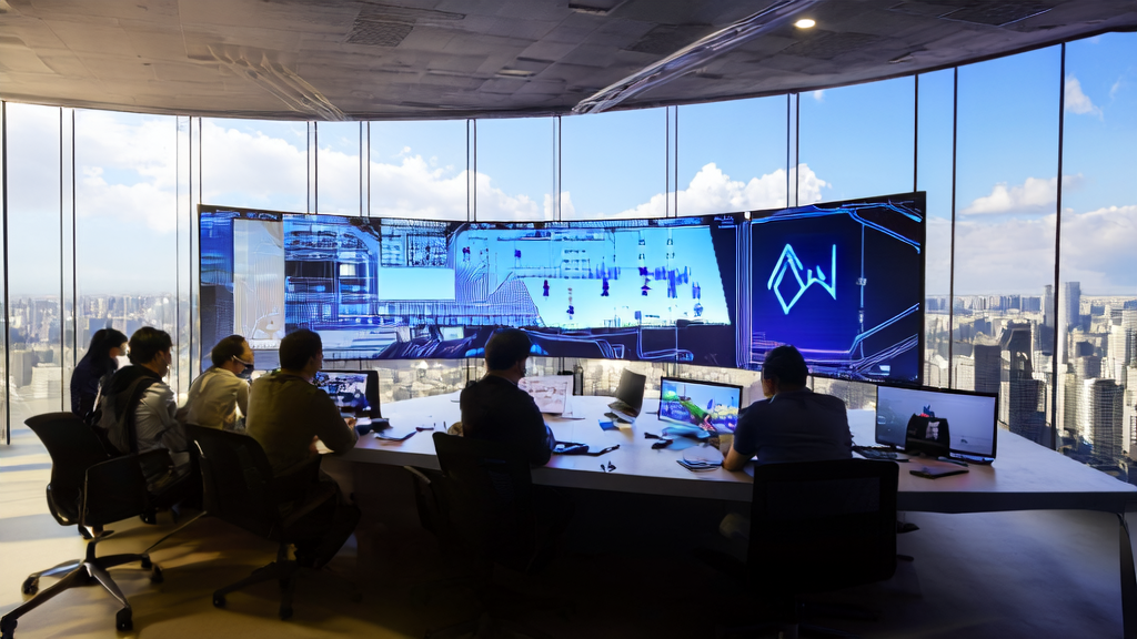Tech professionals in a modern office analyzing data using an AI intelligent acquisition system