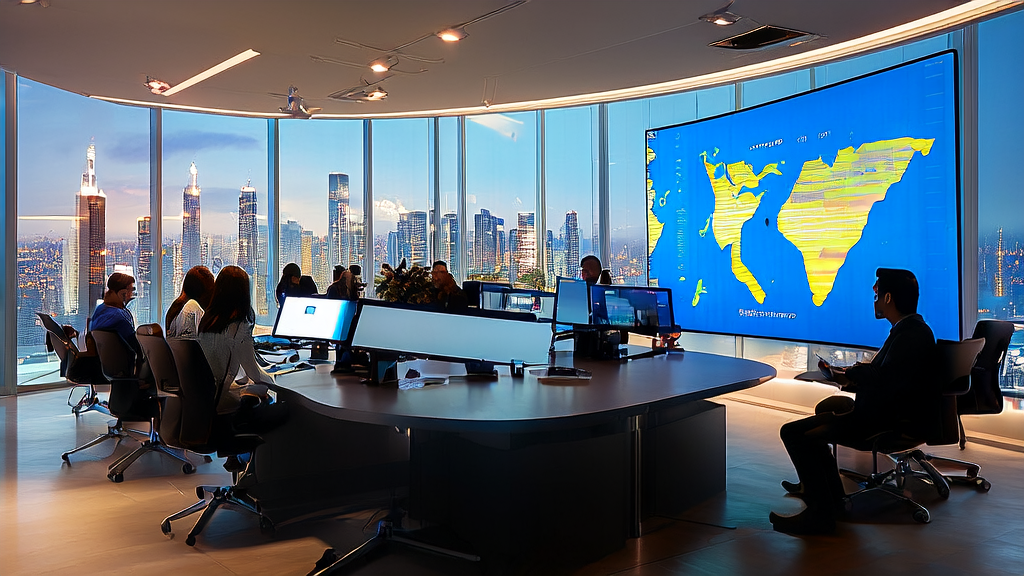 Modern office space featuring an AI acquisition system displaying complex data analysis charts and global market highlights