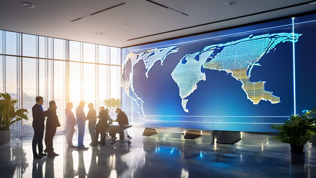 Employees in a modern office using AI acquisition system for market analysis and discussion