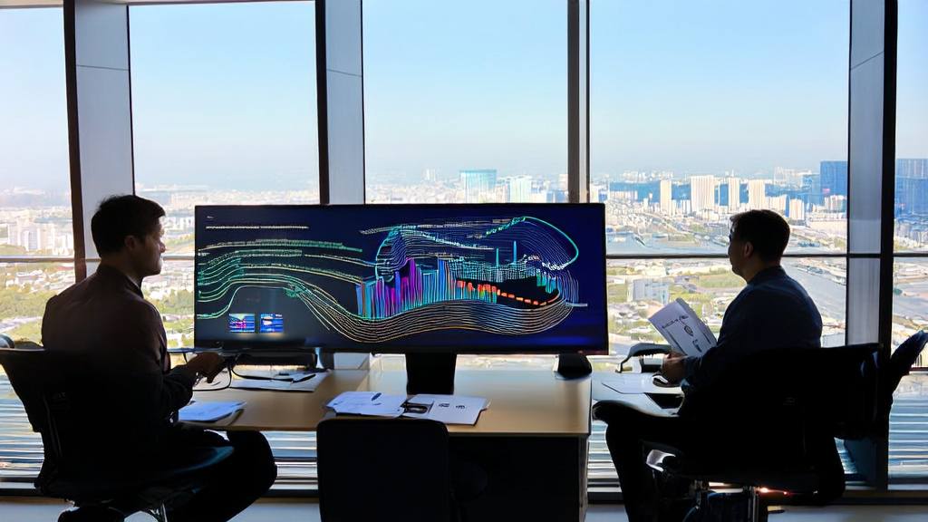 A modern office showcasing an AI acquisition system screen and plans for Tesla's Dojo 2 chip mass production