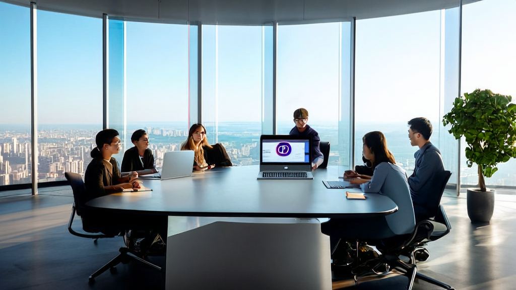 In a modern office, young entrepreneurs are discussing the latest AI intelligent acquisition system, with a bright window and a potted plant in the background.