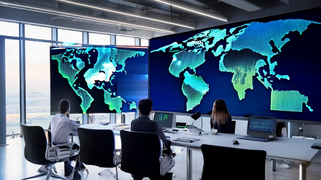 现代化办公室内的AI智能获客系统界面，程序员们正在讨论如何优化邮件营销和提高回复率。